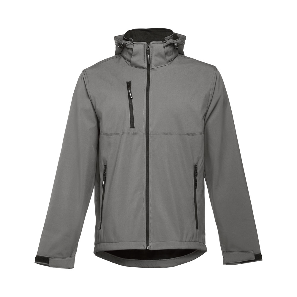THC ZAGREB. Men's softshell jacket with detachable hood and rounded back hem