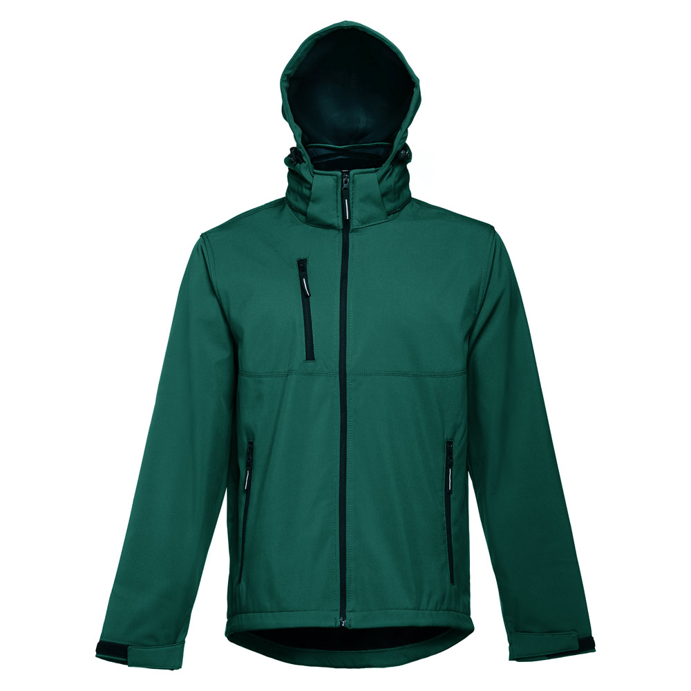 THC ZAGREB. Men's softshell jacket with detachable hood and rounded back hem