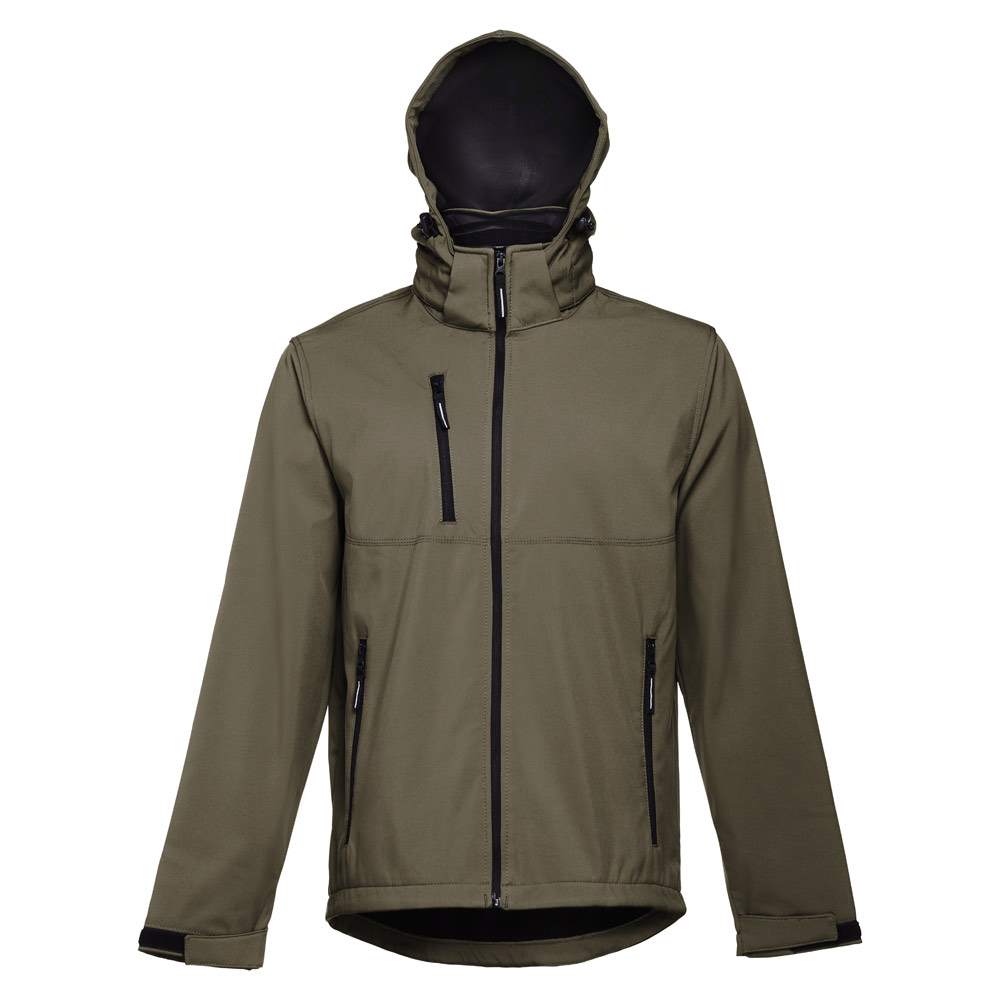 THC ZAGREB. Men's softshell jacket with detachable hood and rounded back hem