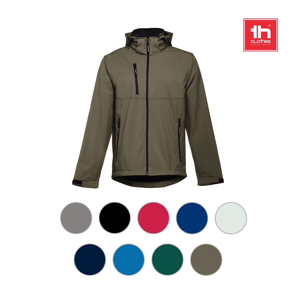 THC ZAGREB. Men's softshell jacket with detachable hood and rounded back hem