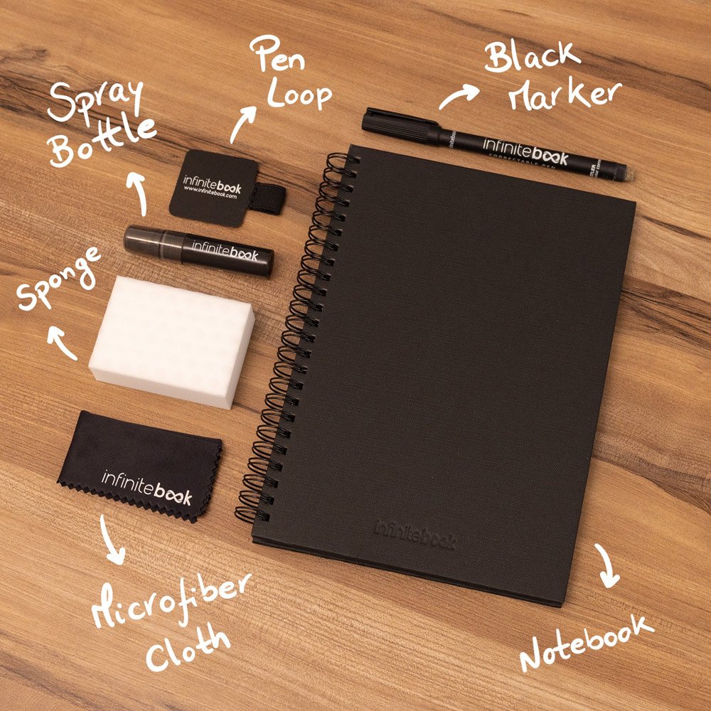 STARTER KIT INFINITEBOOK A5 PLANNER TEXTURE. Kit comprising "Infinitebook" with hard cover, 1 cleaning kit, 1 marker and 1 ballpoint holder