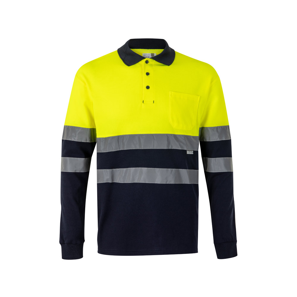 VL PLUTO. Two-tone piqué polo shirt (150g/m²) with long sleeves, in cotton (55%) and polyester (45%)
