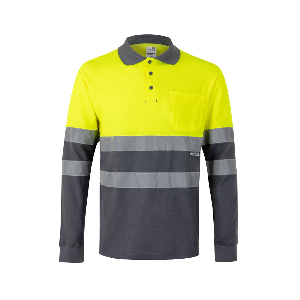 VL PLUTO. Two-tone piqué polo shirt (150g/m²) with long sleeves, in cotton (55%) and polyester (45%)