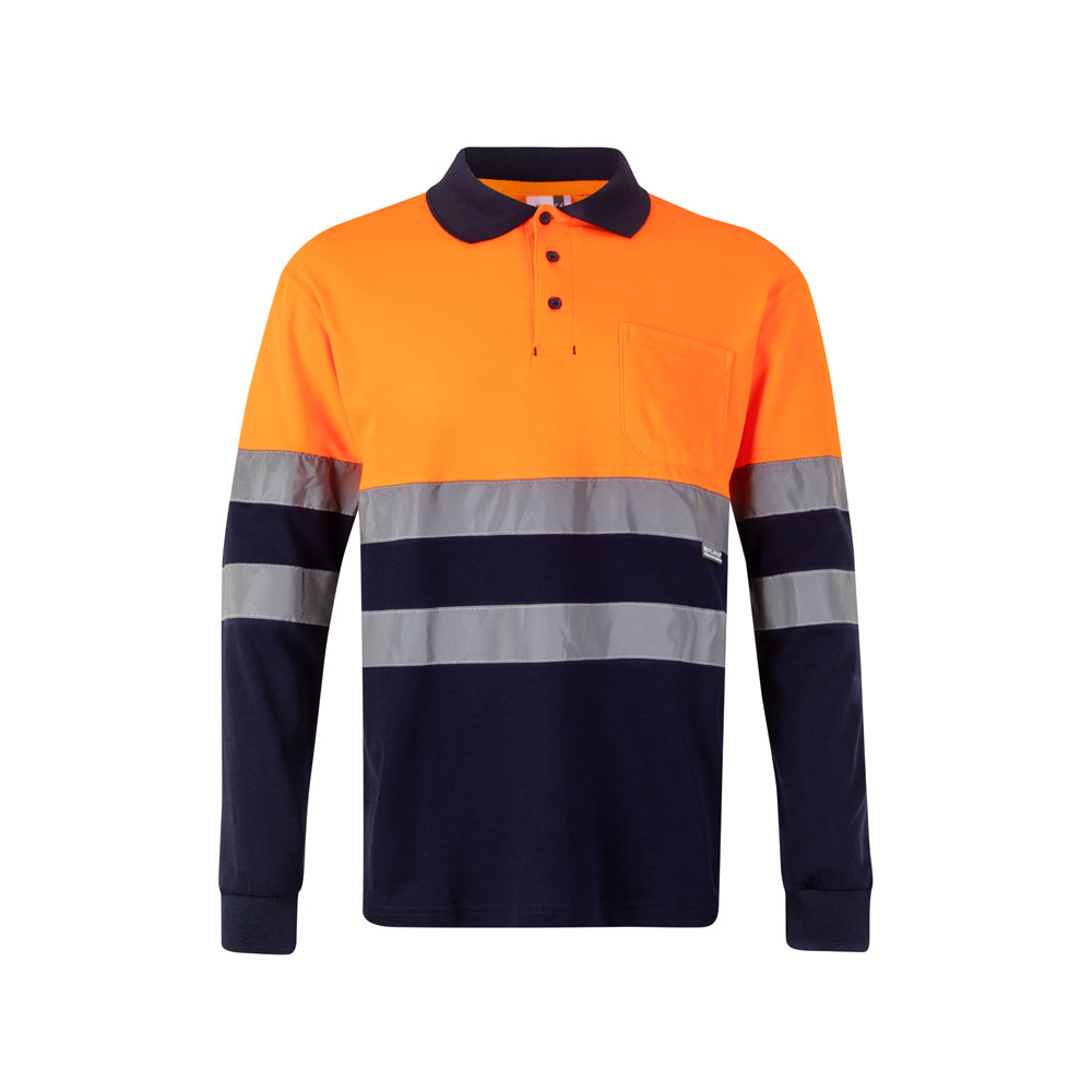 VL PLUTO. Two-tone piqué polo shirt (150g/m²) with long sleeves, in cotton (55%) and polyester (45%)