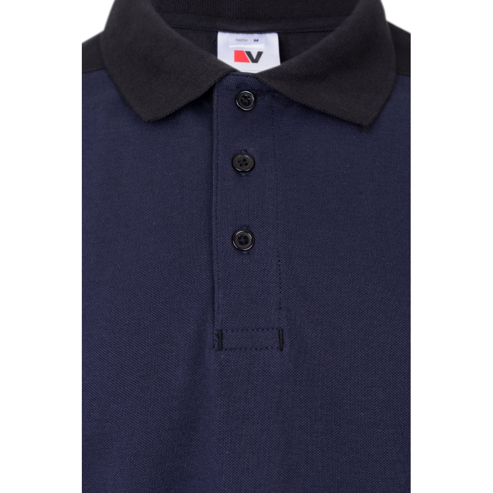 VL VELES. Two-tone stretch piqué polo shirt (200g/m²) with short sleeves, in polyester (96%) and elastane (4%)