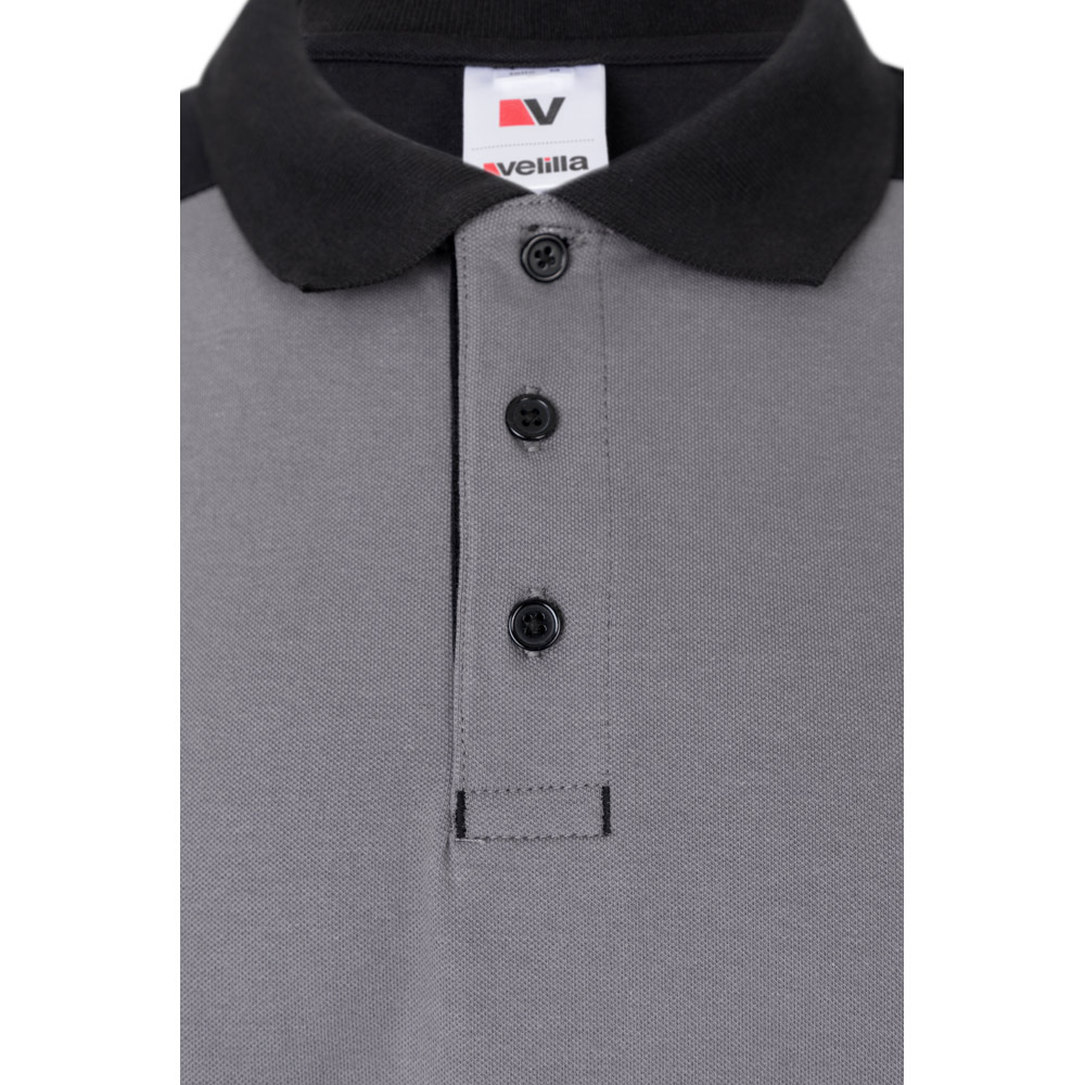 VL VELES. Two-tone stretch piqué polo shirt (200g/m²) with short sleeves, in polyester (96%) and elastane (4%)