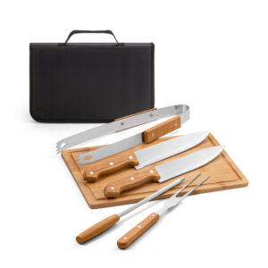 FLARE. Five-piece wooden and stainless steel barbecue set with bamboo board