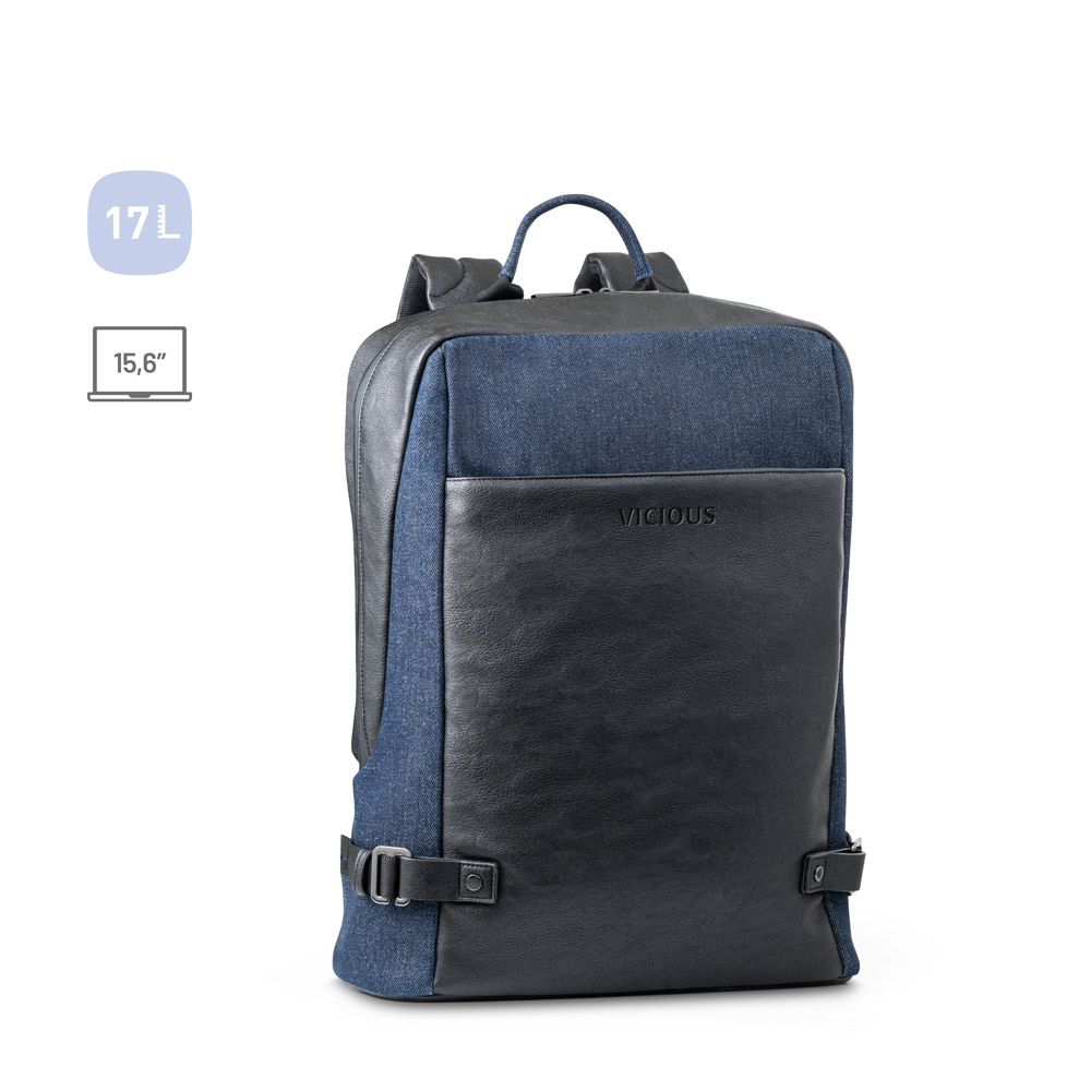 DIVERGENT BACKPACK I. 15'6" Laptop backpack in denim and PU