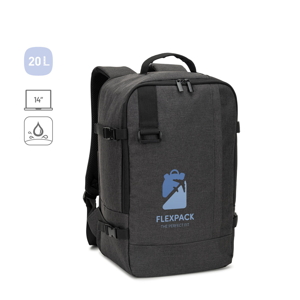 CIES. Backpack made from high-density 600D recycled polyester, meeting airline size requirements