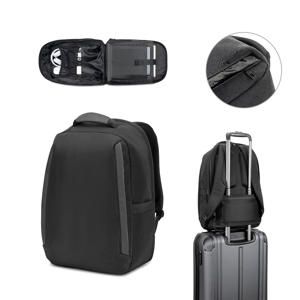 YANGON BPACK. Anti-theft backpack, in twill with water-repellent coating and high-density 600D recycled polyester, for 17'3" laptop