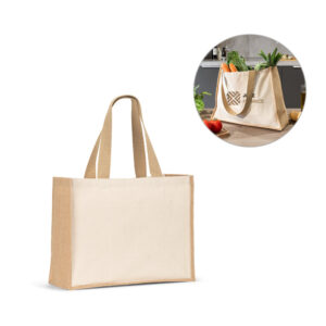 HELSINQUE. Canvas bag (320 g/m²), with bottom and sides in laminated jute (350 g/m²) in natural tones