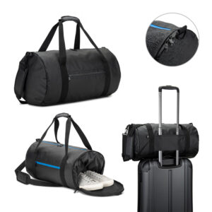 OSASCO SPORT. Cylindrical sports bag in high-density 600D recycled polyester with side compartment for shoes