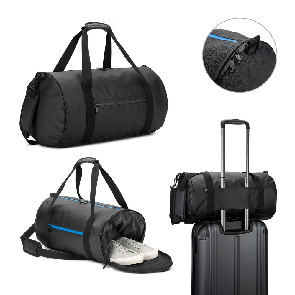OSASCO SPORT. Cylindrical sports bag in high-density 600D recycled polyester with side compartment for shoes