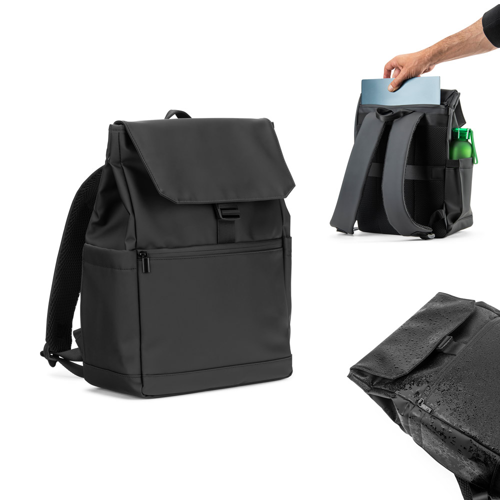 AZORES BAG. PU laptop rucksack (16"), with a flap covering all compartments