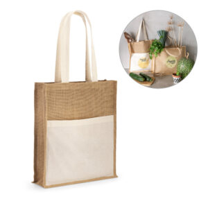 BRAGA. Jute bag (240 g/m²) with pocket in 100% cotton (140 g/m²)