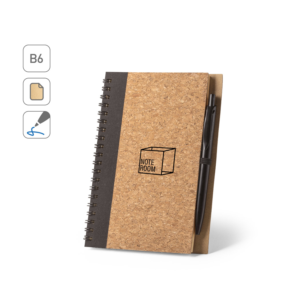 VICENTE. B6 notebook in cork and recycled polyester (100% rPET) with ballpoint pen