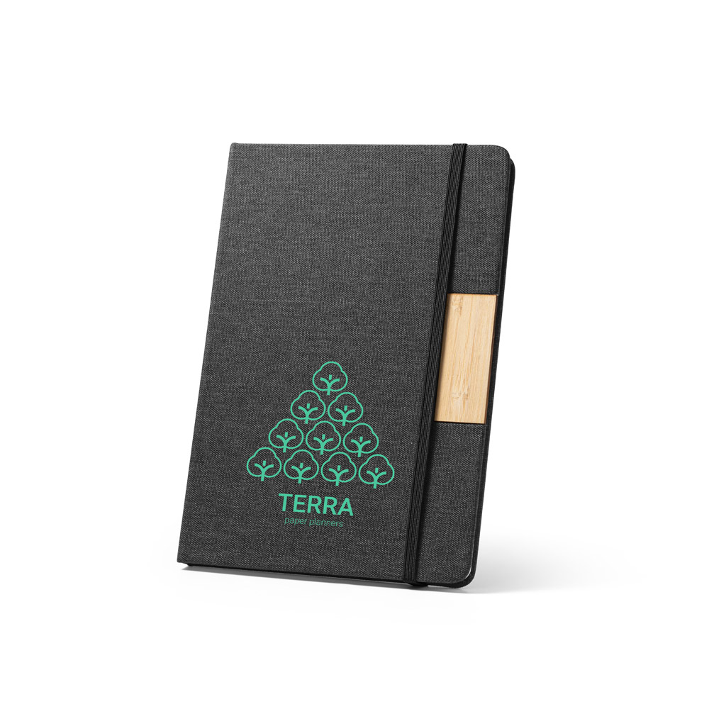 MÁRQUEZ. A5 hardback notebook made from 100% recycled PET fabric, with recycled lined pages