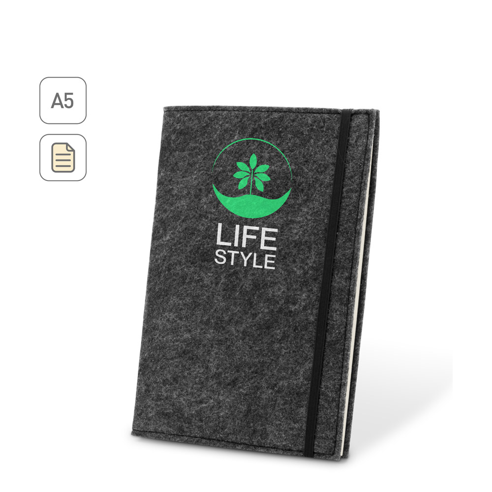 BALDWIN. A5 notepad with recycled felt cover (100% rPET) and lined pages in 100% recycled paper