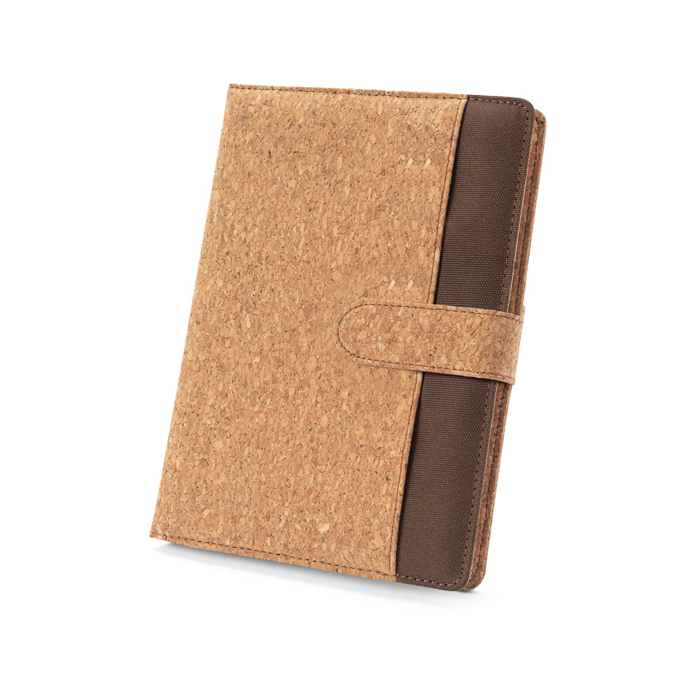 FIELDING. A5 folder in cork and recycled polyester (100% rPET) with removable notepad
