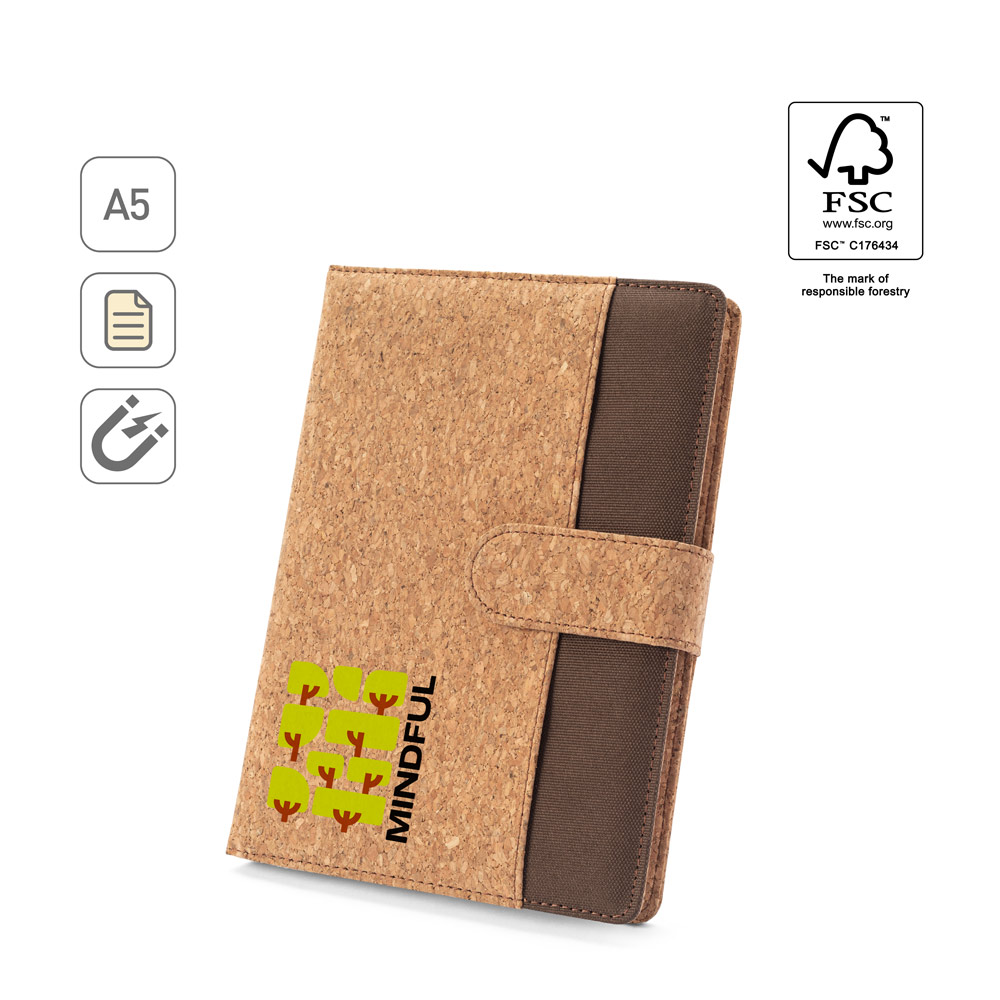 FIELDING. A5 folder in cork and recycled polyester (100% rPET) with removable notepad