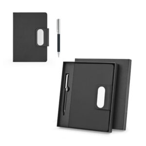 GARRETT. Set comprising 1 ballpoint pen and 1 notepad, made from PU and stainless steel