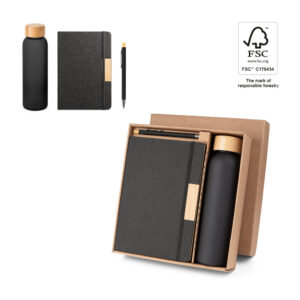 SCLIAR. Set comprising 1 ballpoint pen, 1 notepad and 1 bottle, made from recycled PET, recycled aluminium and bamboo