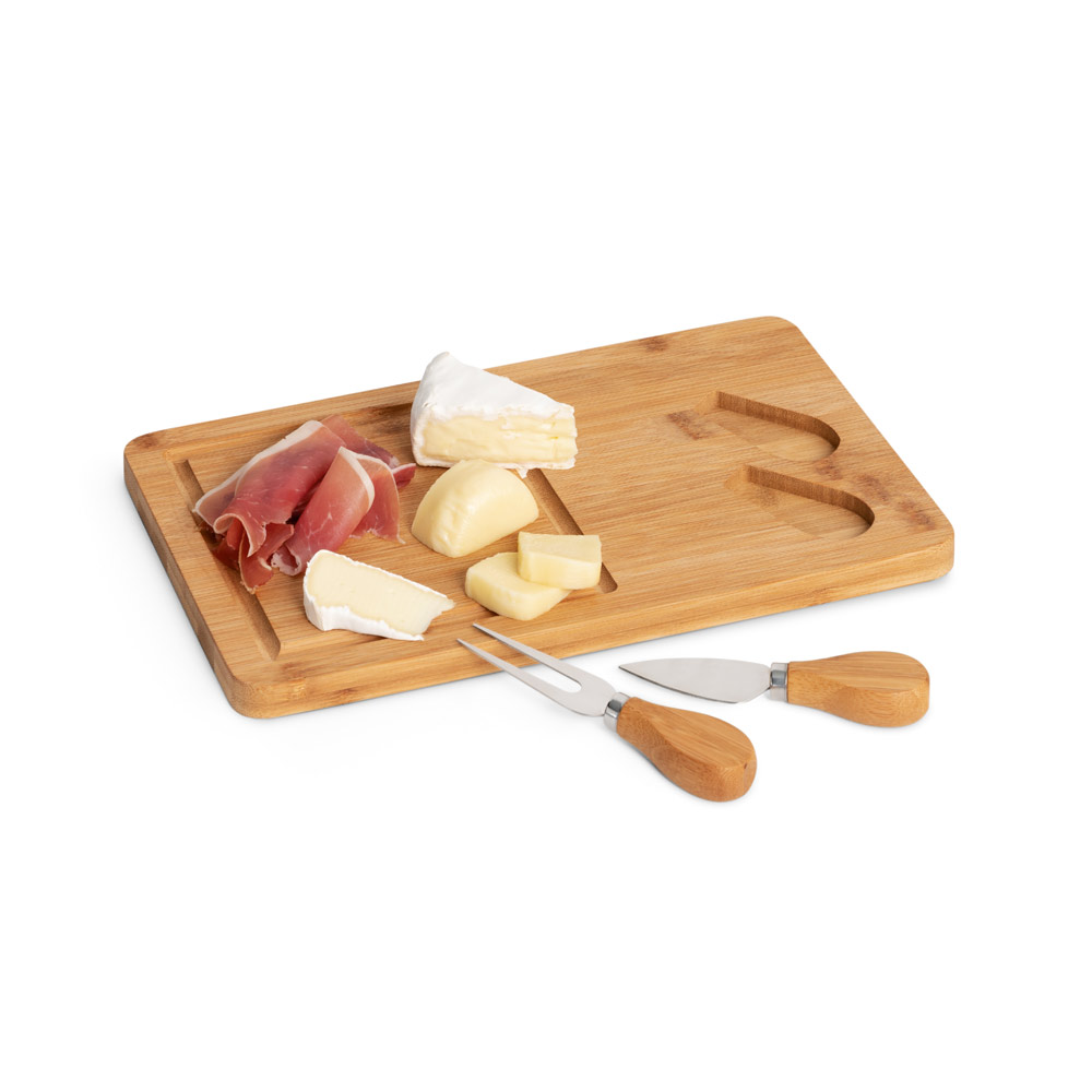 WOODS. Bamboo cheese board with 2 bamboo and stainless steel accessories