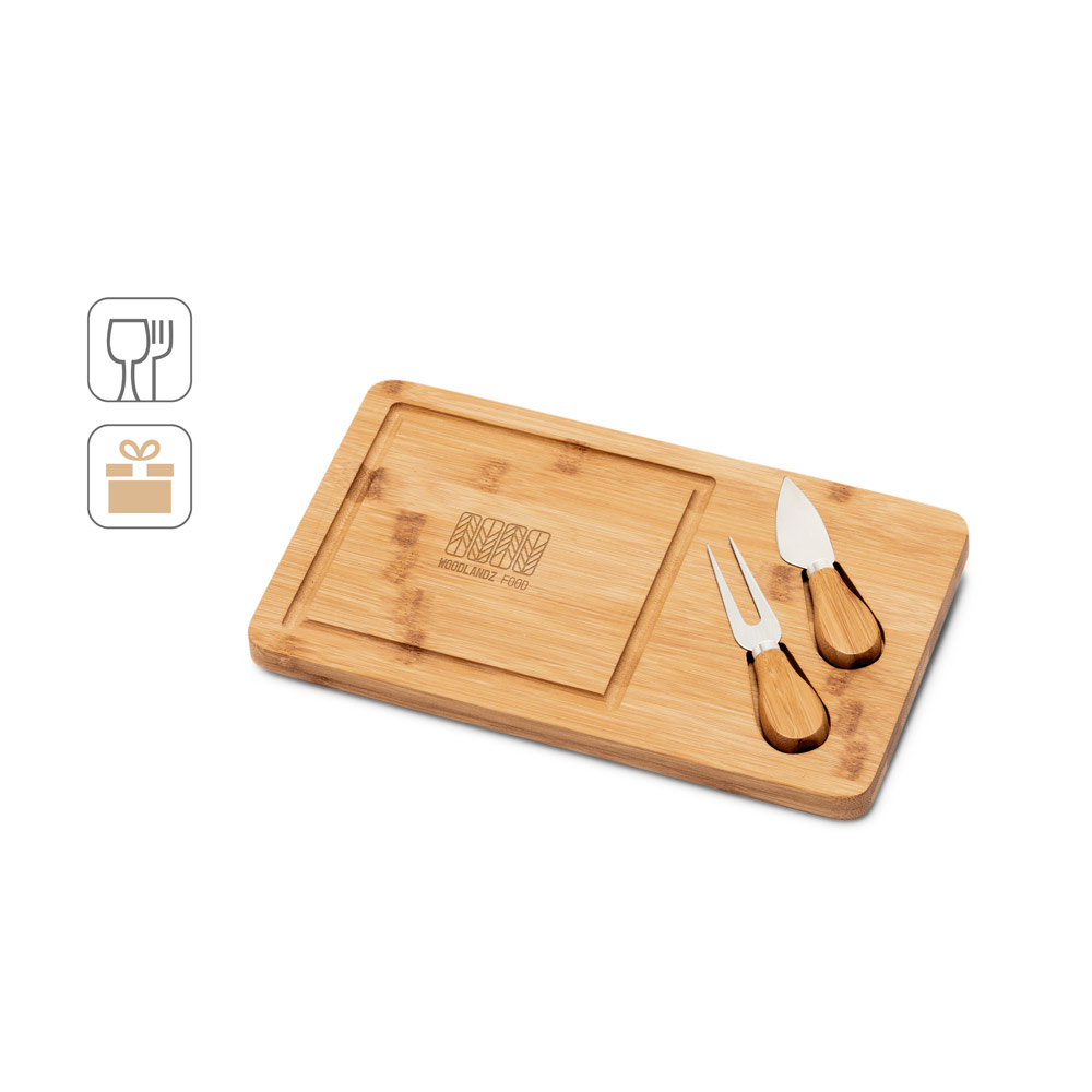 WOODS. Bamboo cheese board with 2 bamboo and stainless steel accessories