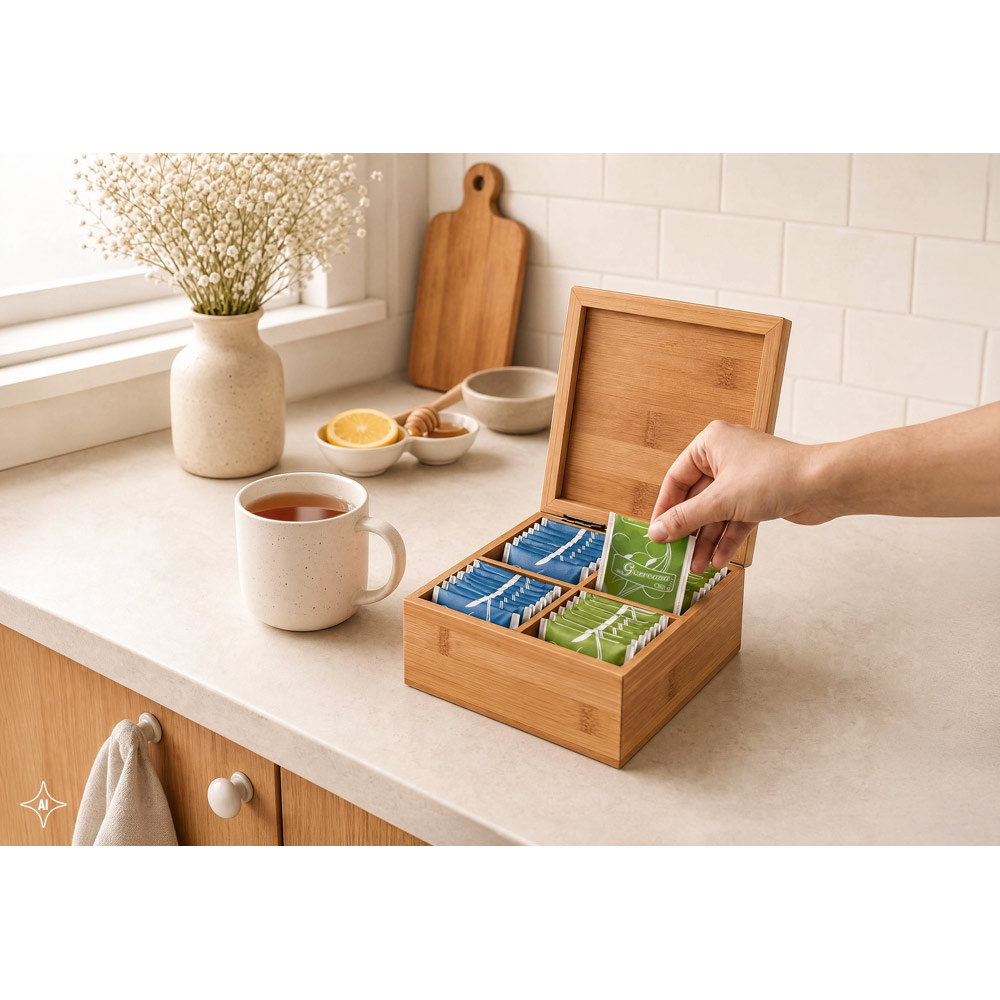 ARNICA. Bamboo tea box with 4 compartments and magnet closure