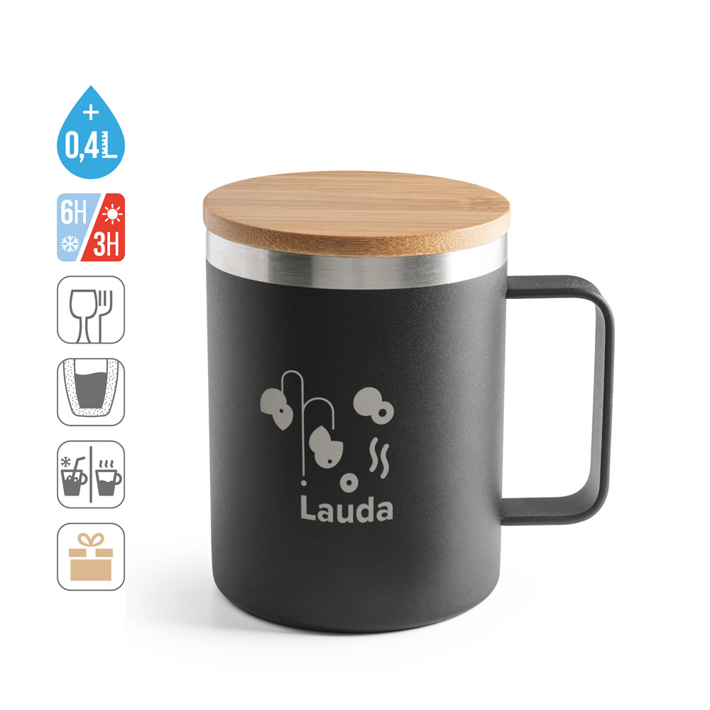 LAUDA. Mug in 90% recycled stainless steel with bamboo lid 420 mL