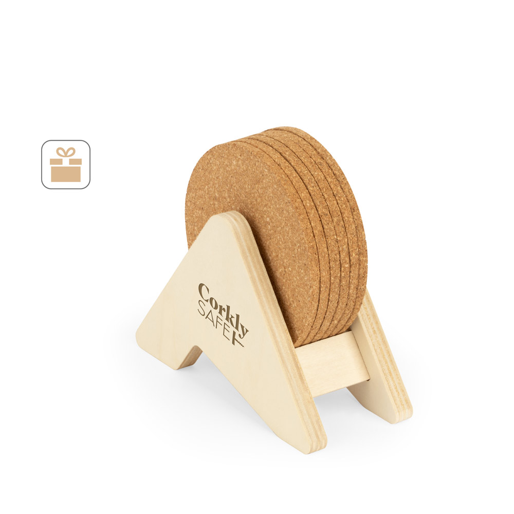 PLYCORK. Plywood stand with 6 cork coasters