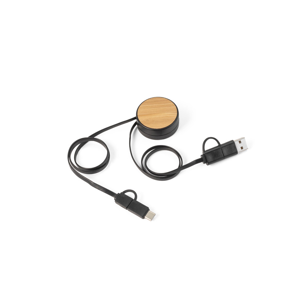 RUBINS. 6-in-1 retractable USB cable in recycled ABS (100% rABS) and bamboo
