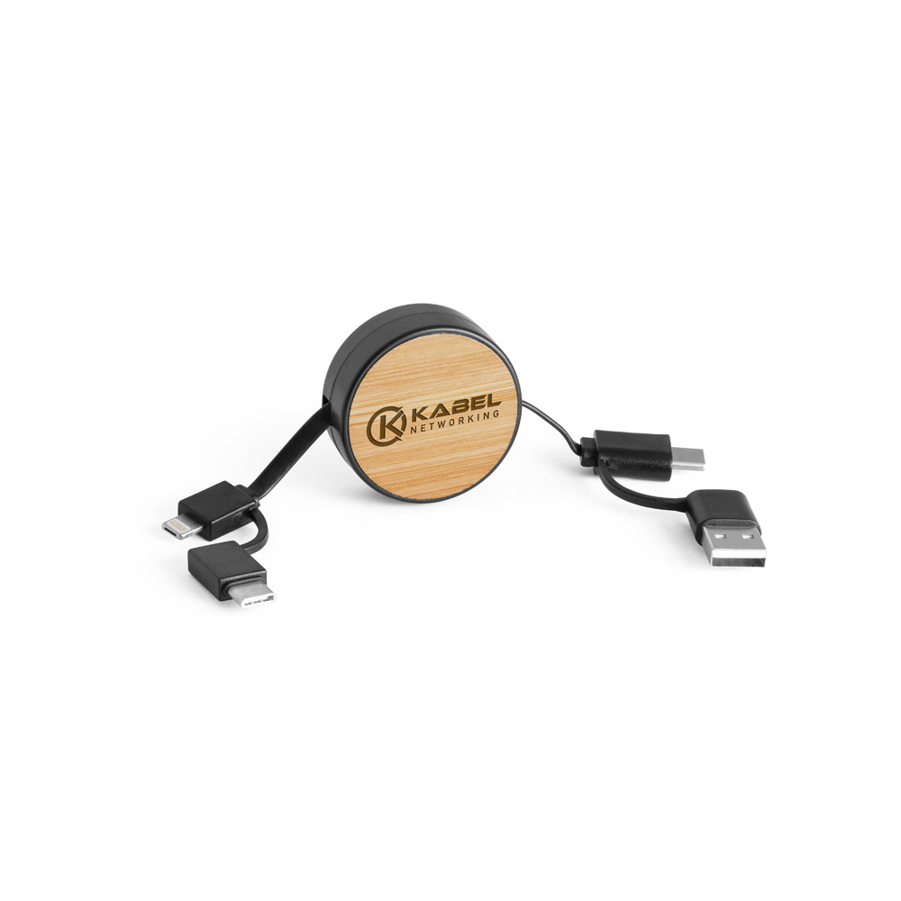 RUBINS. 6-in-1 retractable USB cable in recycled ABS (100% rABS) and bamboo