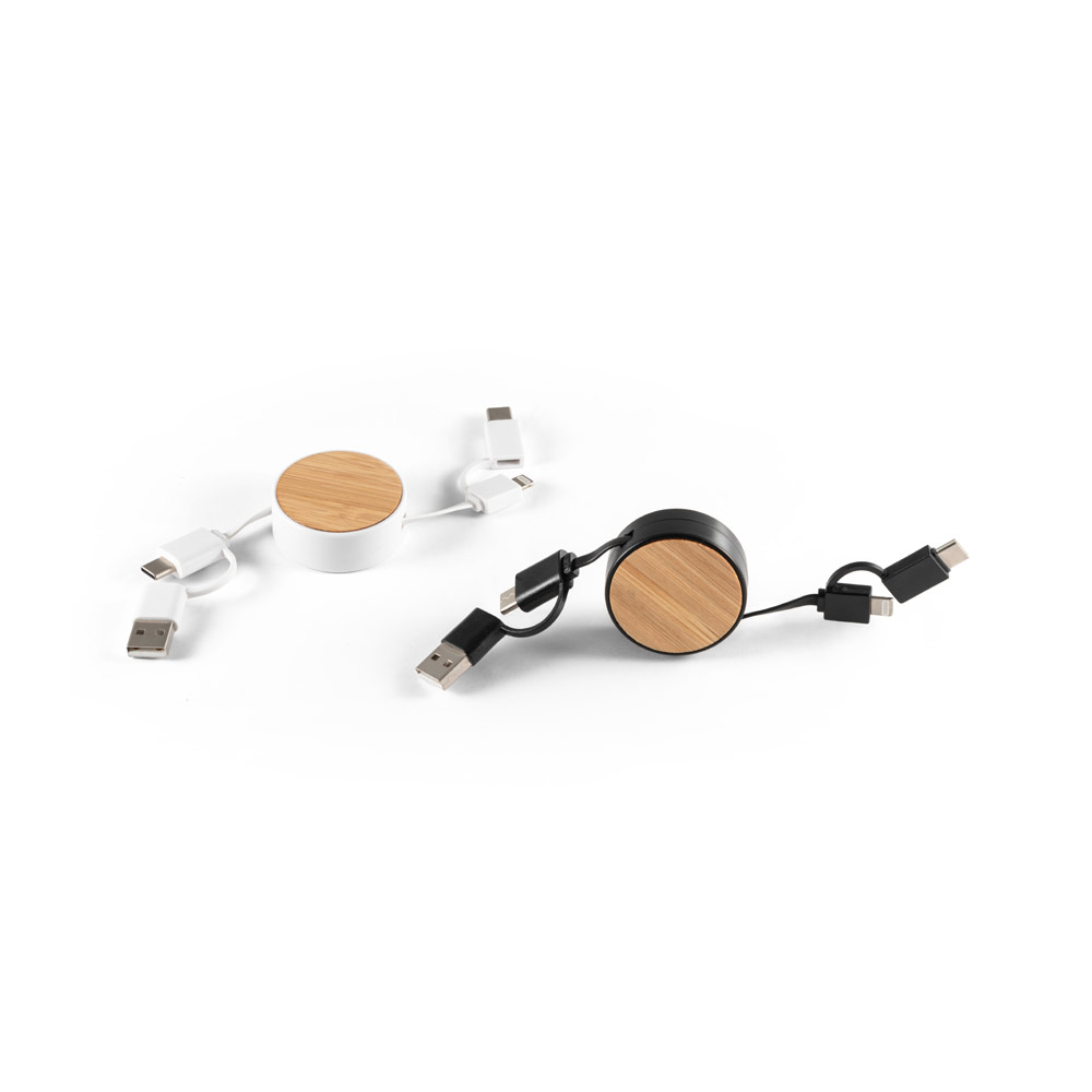 RUBINS. 6-in-1 retractable USB cable in recycled ABS (100% rABS) and bamboo