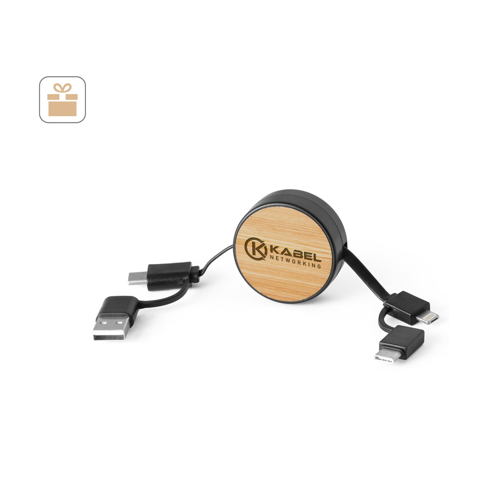 RUBINS. 6-in-1 retractable USB cable in recycled ABS (100% rABS) and bamboo