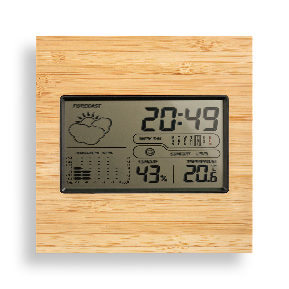 BROMLEY. Desktop weather station with LCD screen in ABS and bamboo