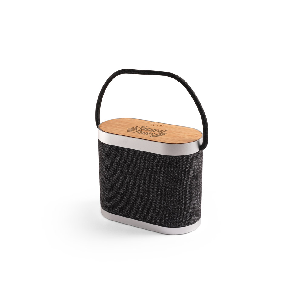 GUETTA. 5W portable speaker with super-fast 15W wireless charger and 2h battery life made of bamboo and recycled PET (100% rPET)