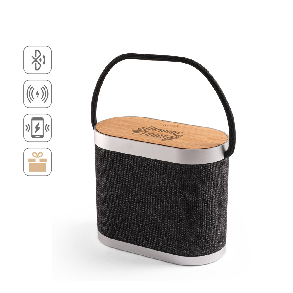 GUETTA. 5W portable speaker with super-fast 15W wireless charger and 2h battery life made of bamboo and recycled PET (100% rPET)