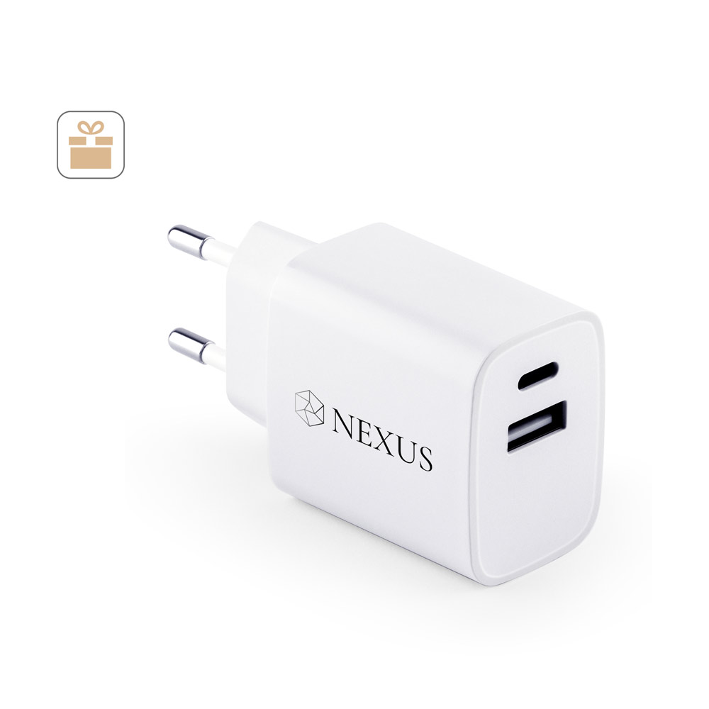 WEGENER. Power adapter with USB-A port 18W and USB-C 20W in recycled ABS (100% rABS)