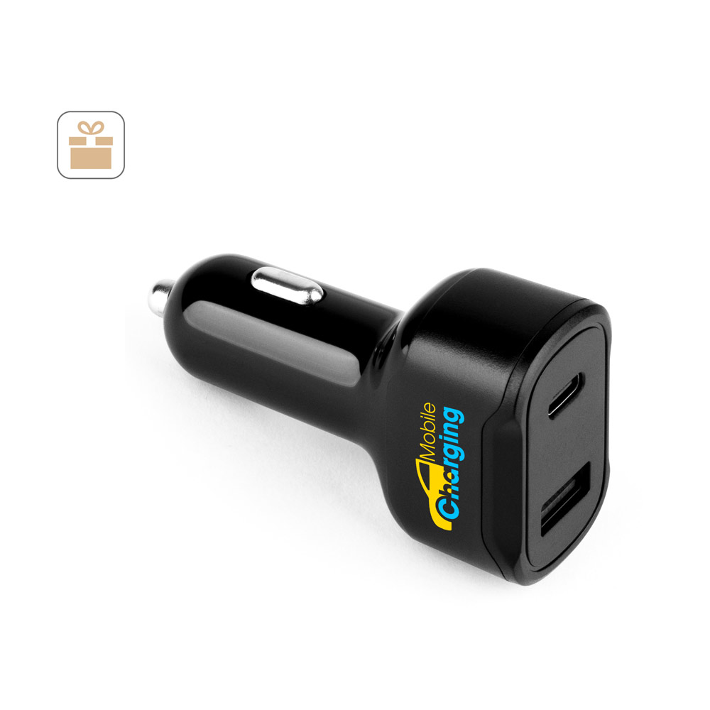 DIRAC. Cigarette lighter adapter with USB-A port 18W and USB-C 20W in recycled ABS (100% rABS)
