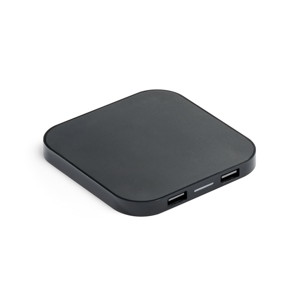 CAROLINE. Superfast 15W wireless charger with HUB 2 USB-A ports in recycled ABS (60% rABS)